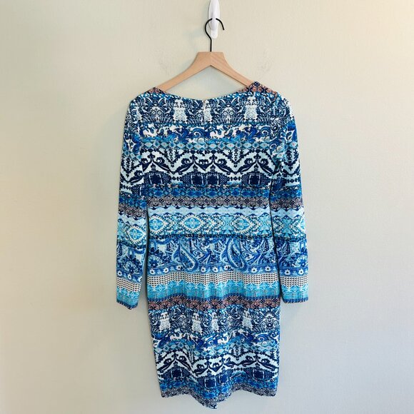 ANTONIO MELANI Blue Scuba Sheath Dress Womens Size 6 Abstract 3/4 Sleeve Work - Picture 3 of 9